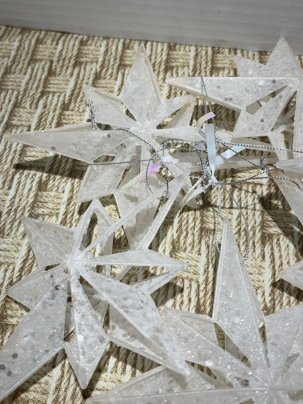 Lot of 6 Clear Acrylic Glitter Starburst Christmas Ornaments 8” Hanging Stars
